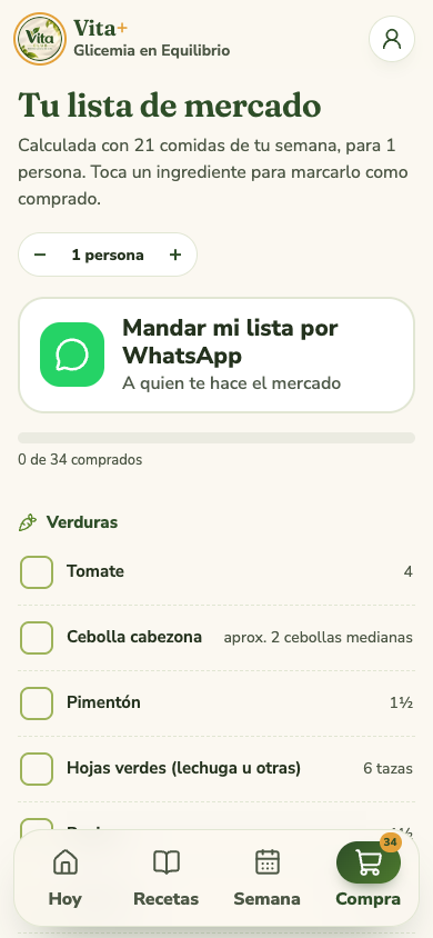 Captura real de Vita+: lista de mercado agrupada, casillas y opción de compartir, con datos de demostración